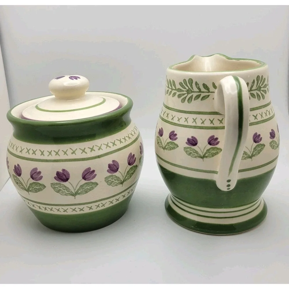 Pfaltzgraff Cottage Circle of Kindness Purple Tulip Sugar and Creamer Set